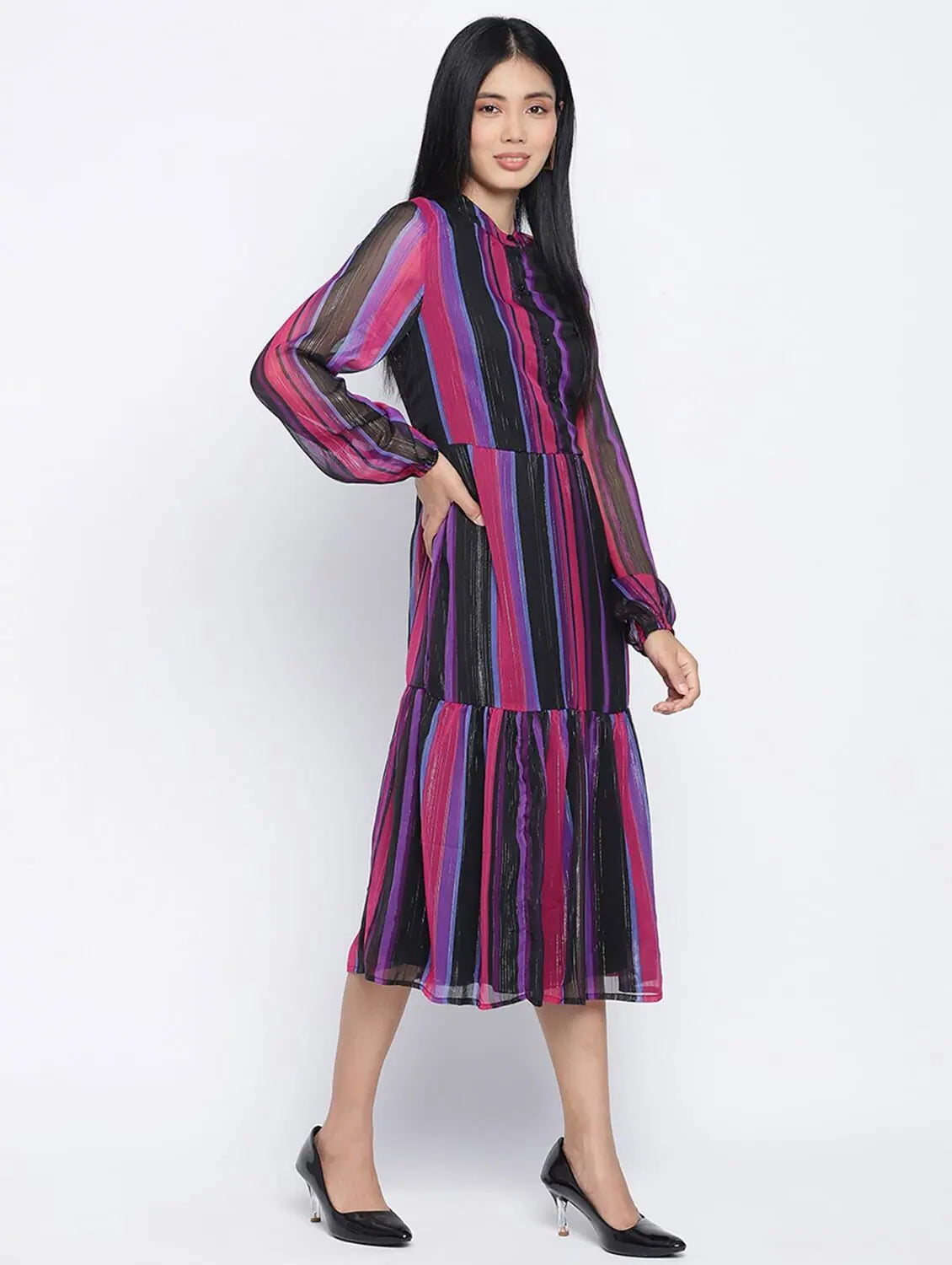 Women's Sporty Chic Clothes Lurex Rainbow Meld Stripez Casual Women Dresss