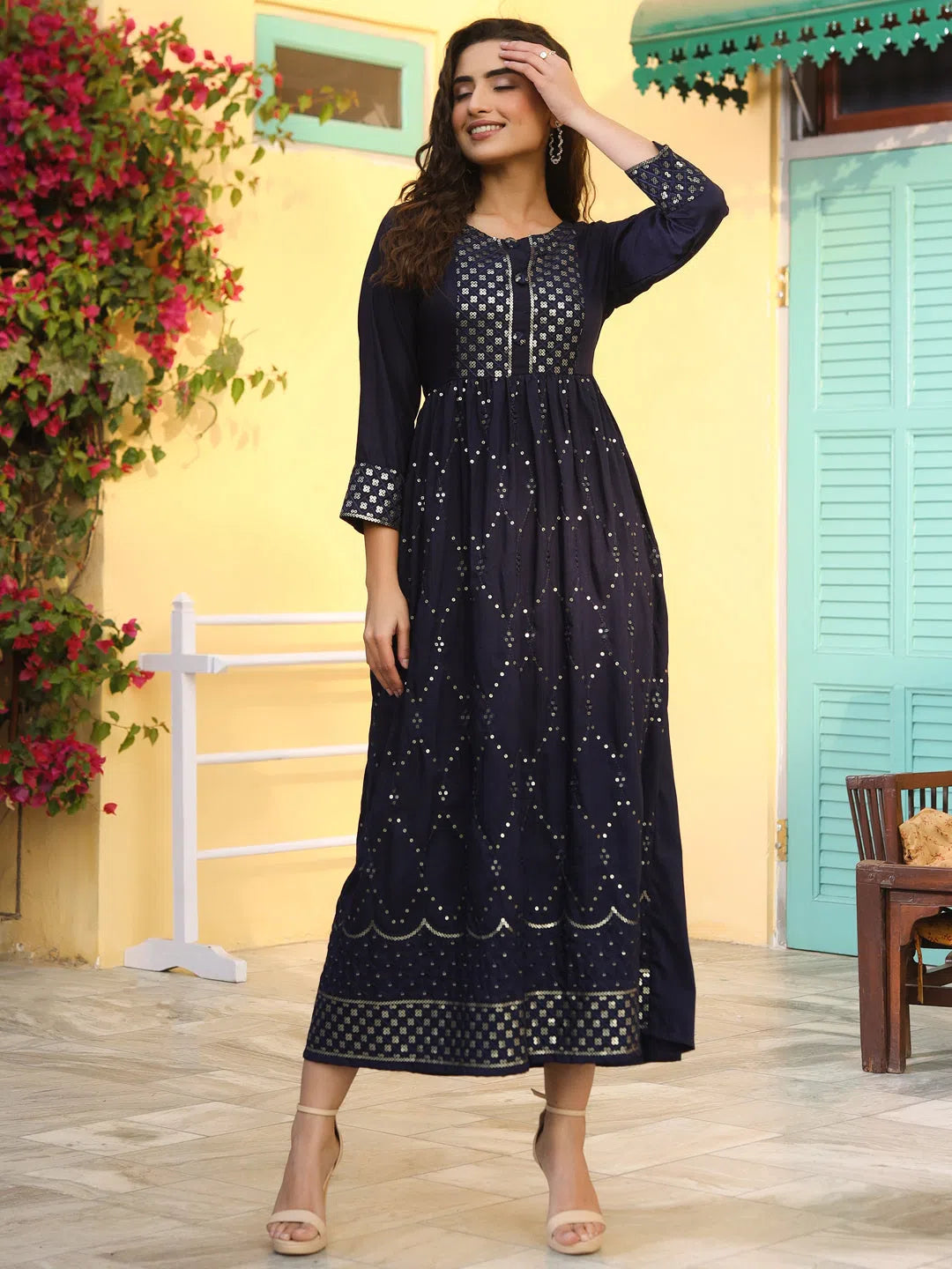 Boutique Dress Online Juniper Women's Navy Festive Embroidered Flared Dress