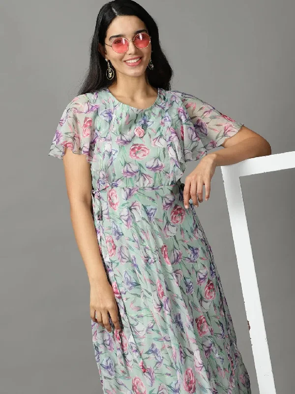 Easygoing Women's Style Women's Green Printed Empire Dress-DW-3254-Green