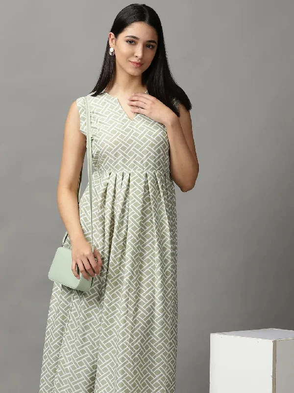 Best Online Women's Boutiques Women's Sea Green Geometrical Fit and Flare Dress-AE-15749-Seagreen