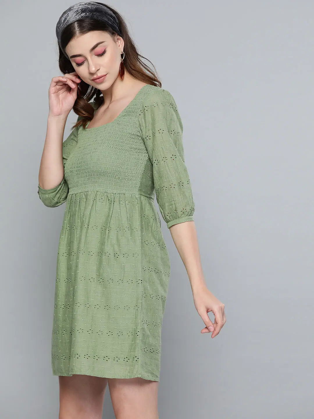 Trendy Athleisure Clothing For Women Olive Schiffli Smocking Skater Dress