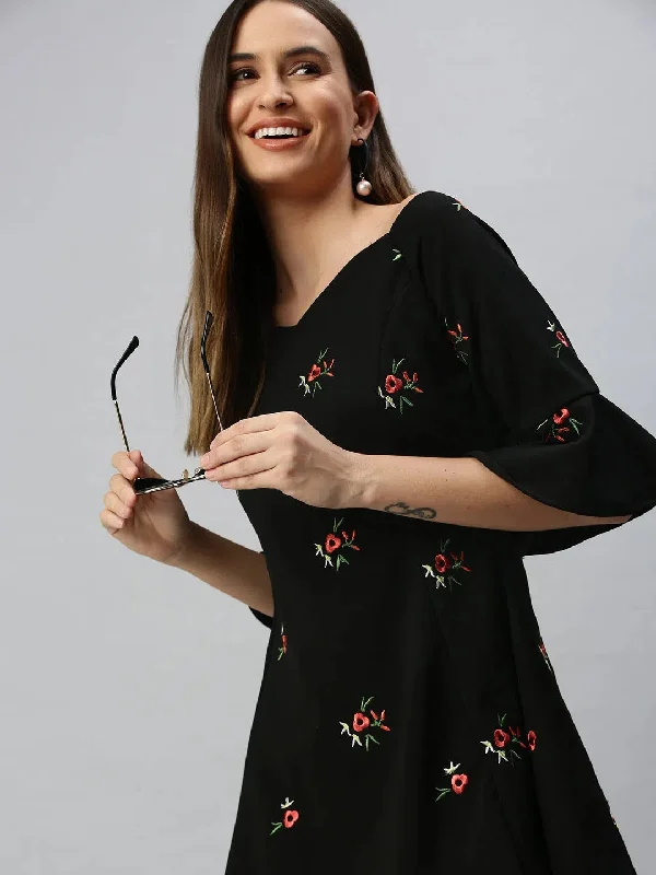 Sophisticated Outfits Women Black Solid Fit and Flare Dress-AE-9897-Black