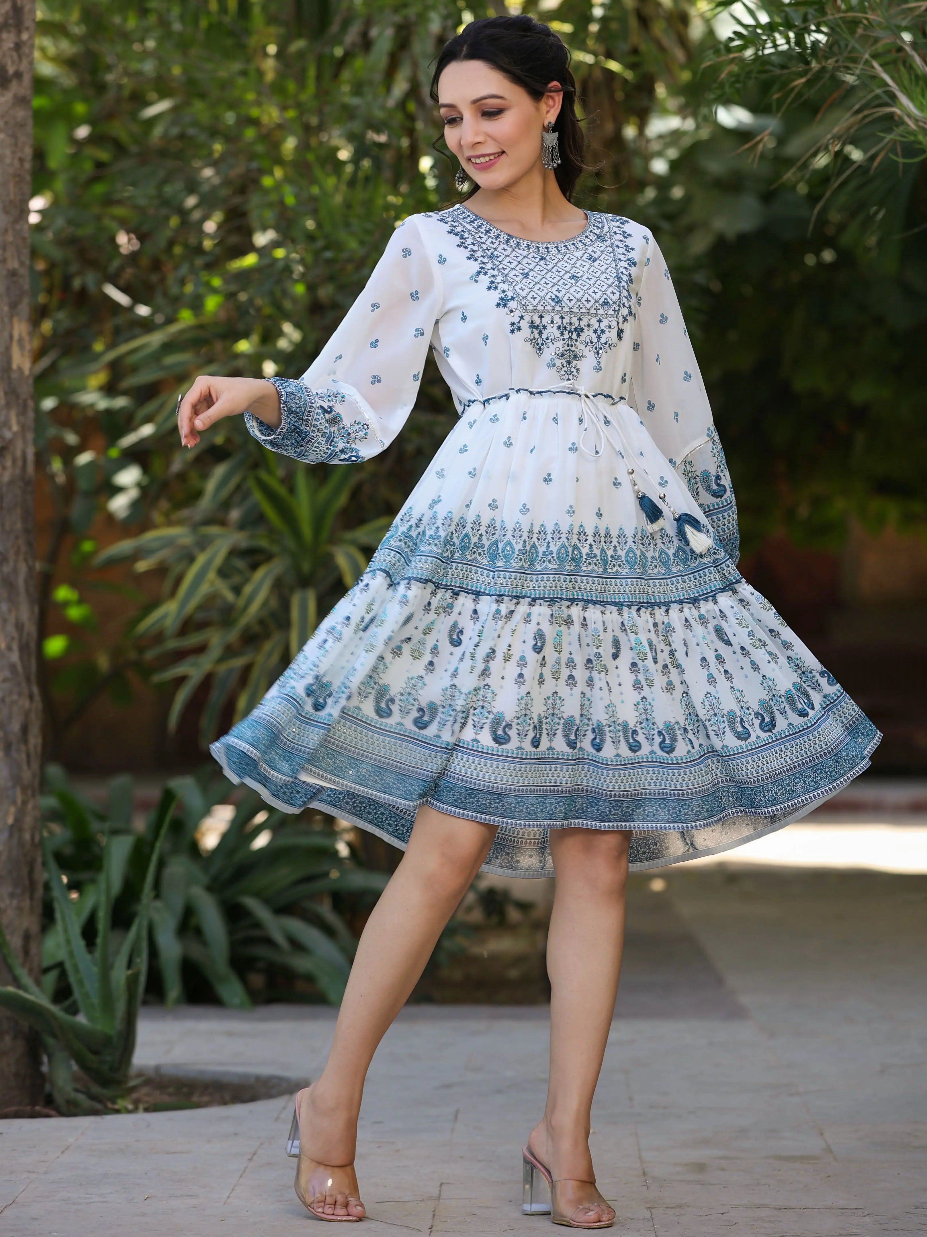 Women's Clothing For Work Juniper Women Off-White Georgette Printed Short Tiered Dress with Embroidered Yoke