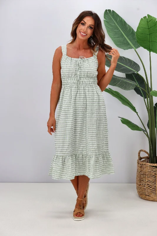 City Fashion Shine On Label Arielle Checked Frilled Hem Dress Sage White