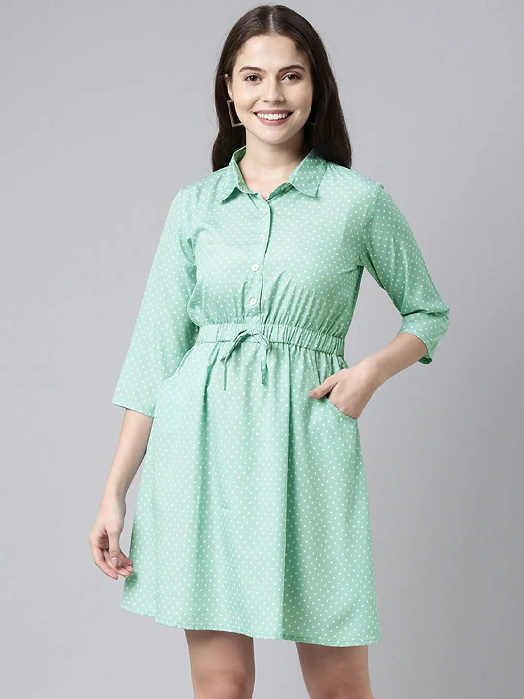 Sale On Clothing Ahika Green White Fit And Flare Dress With Waist Tie Ups