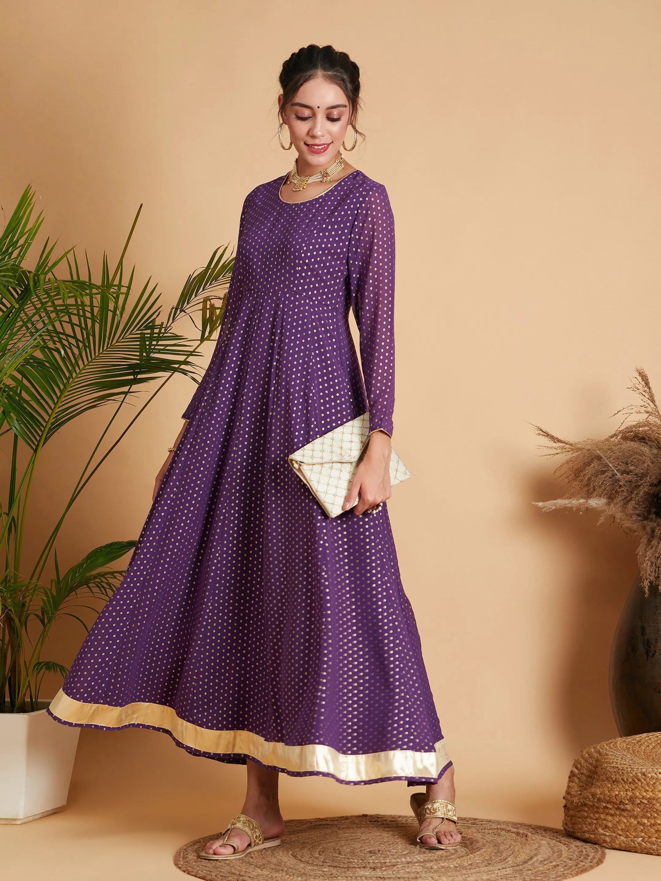 Casual Style for Busy Women Women Purple Dot Foil Print Anarkali Dress