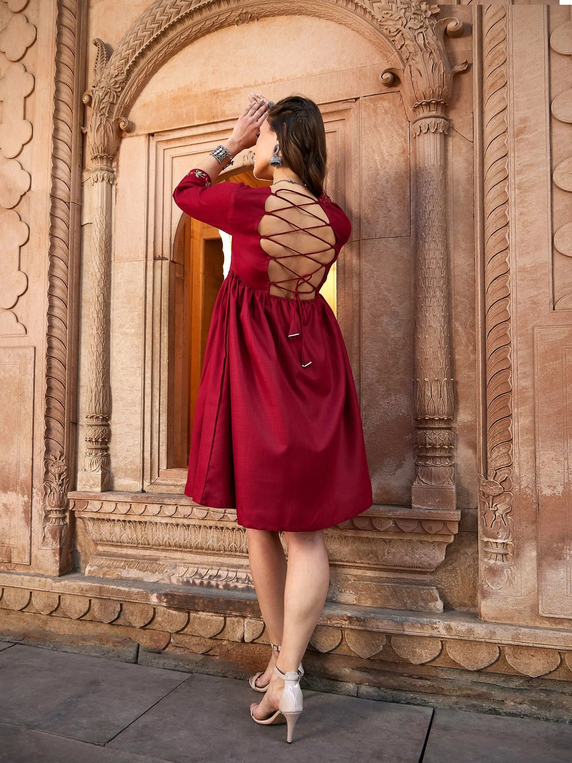 Discount Store Women Maroon Embroidered Criss-cross Tie Back Short Dress