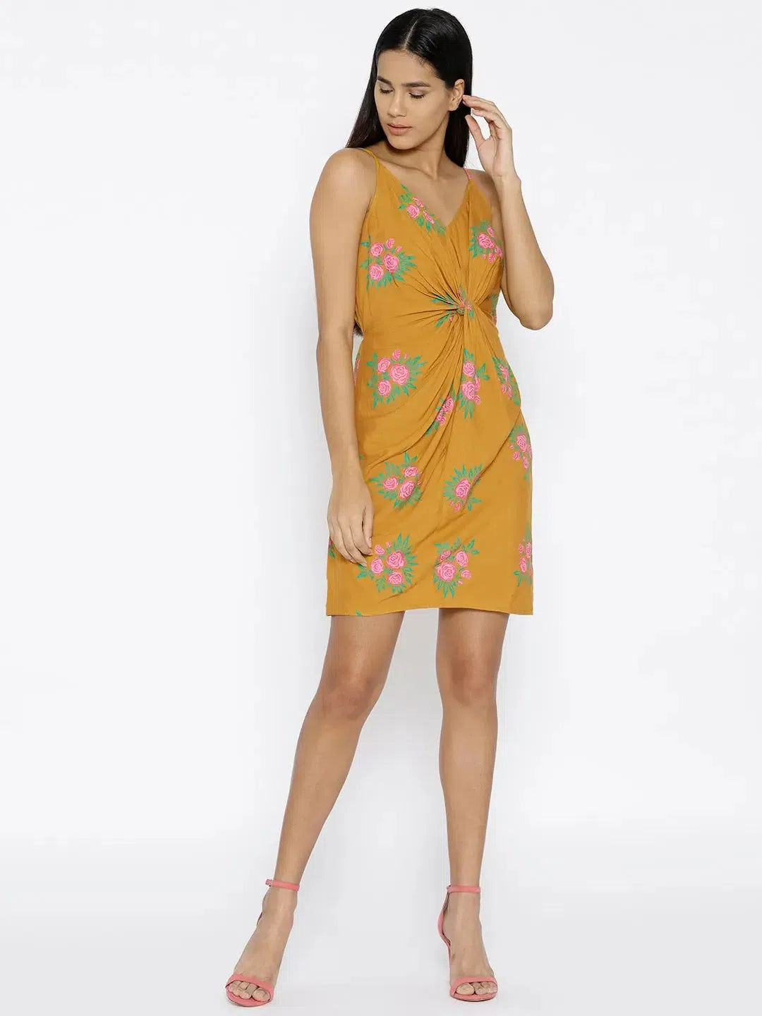 Festival Fashion Front twist strap printed dress in Mustard