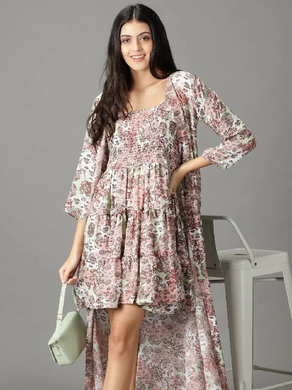 Women's High-Fashion Clothes Women's Peach Printed Fit and Flare Dress-AE-15892-Peach