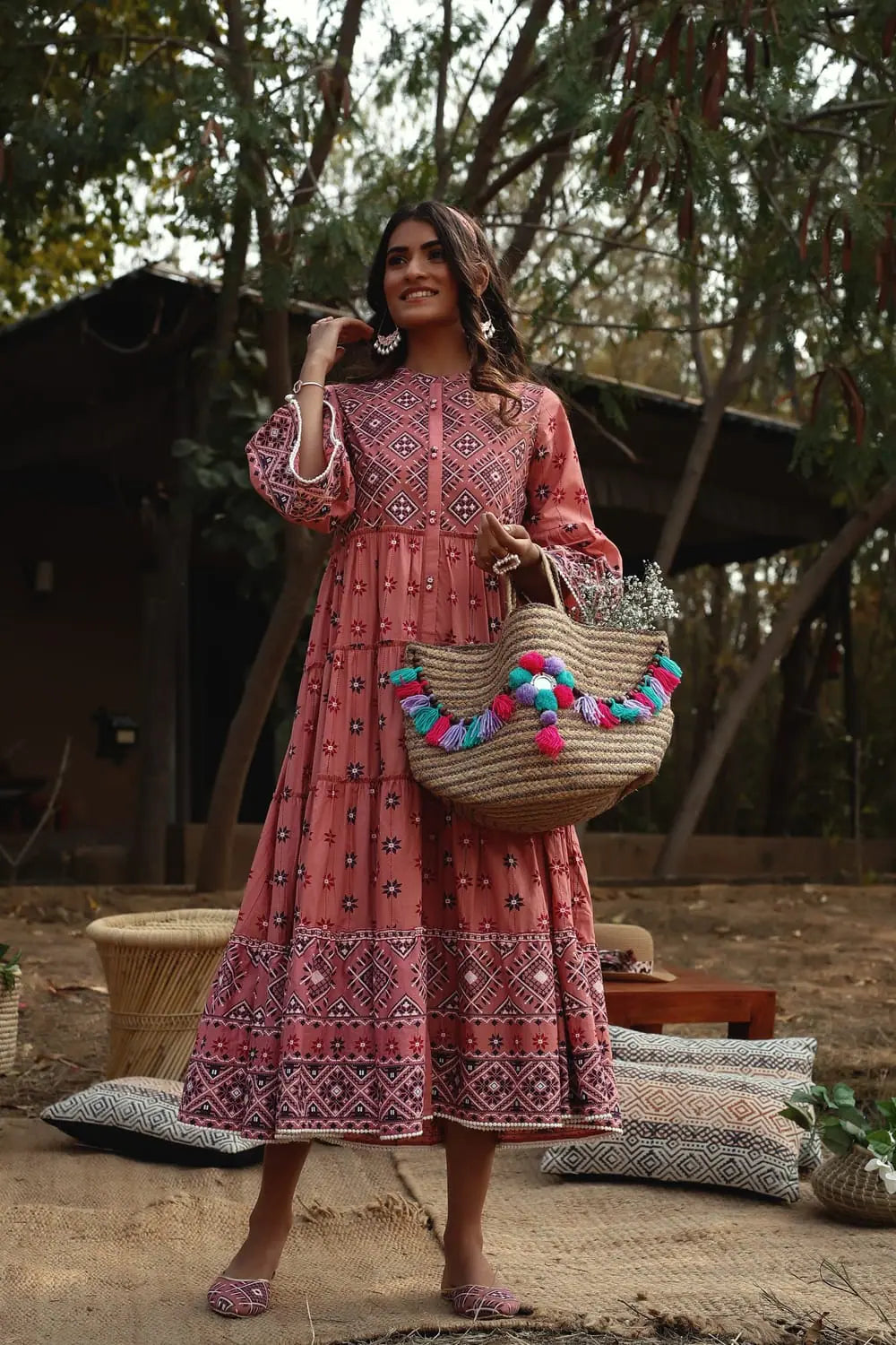 Relaxed Fit Women's Fashion Juniper Peach Cambric Mexican Print Tiered Dress With Mask
