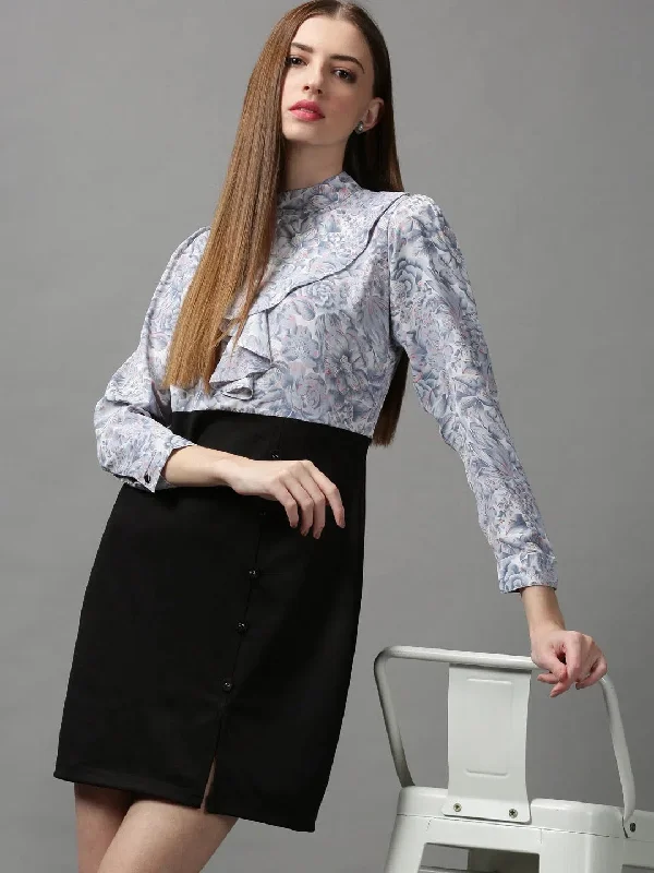 Women's Clothing For Casual Outings Women's Blue Printed Blouson Dress-AE-15639-Blue