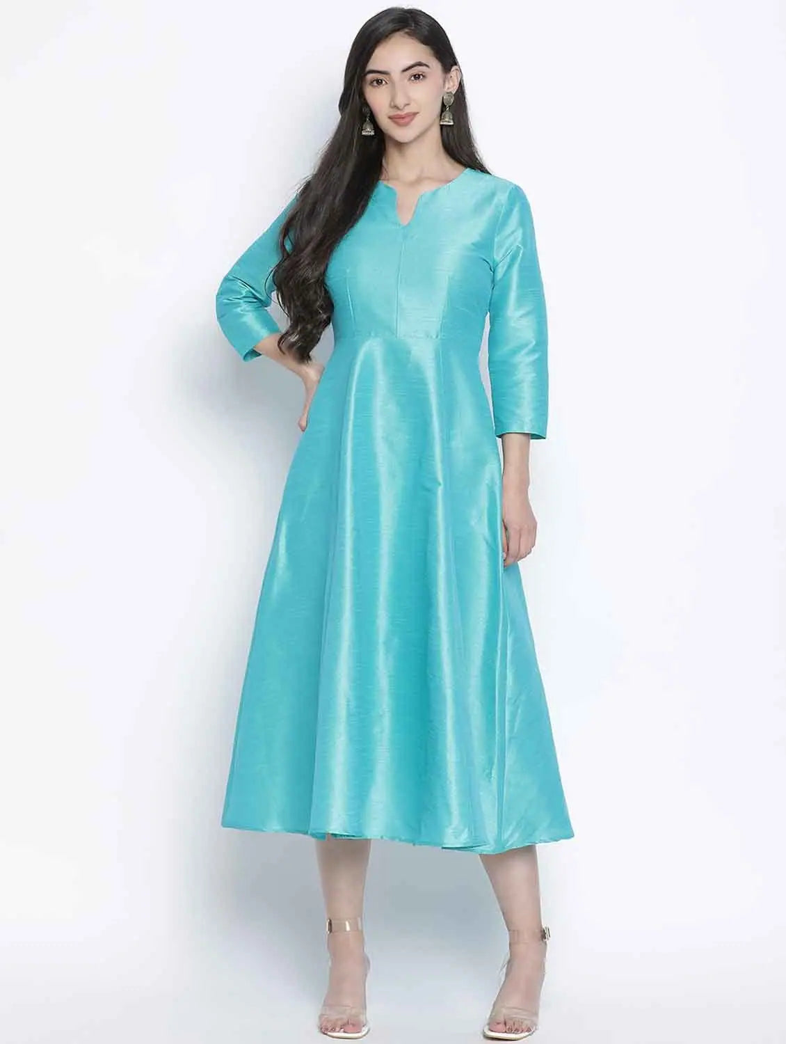 Casual Chic Glazing Turq Dupion Silk Women Long Dress