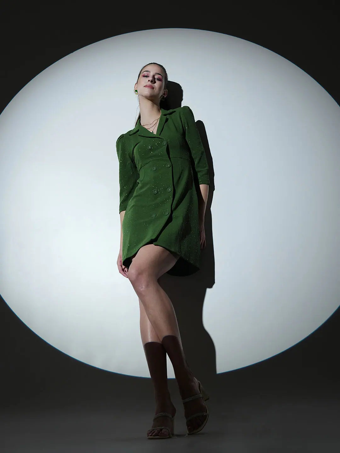 Relaxed Style Women Olive Shimmer Double Breasted Blazer Dress