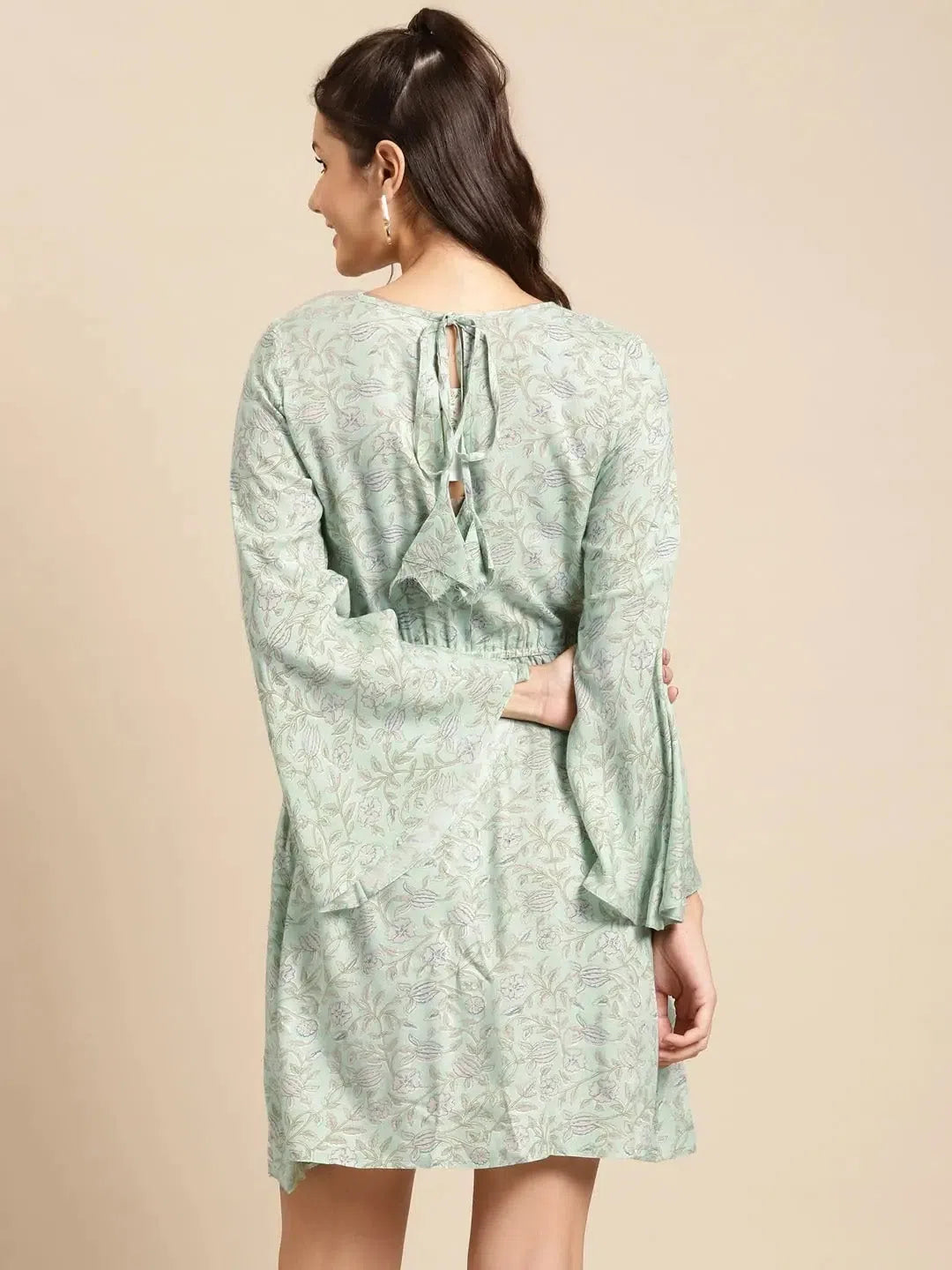 Luxury Women's Clothing Printed Bell sleeve Dress in Powder Blue