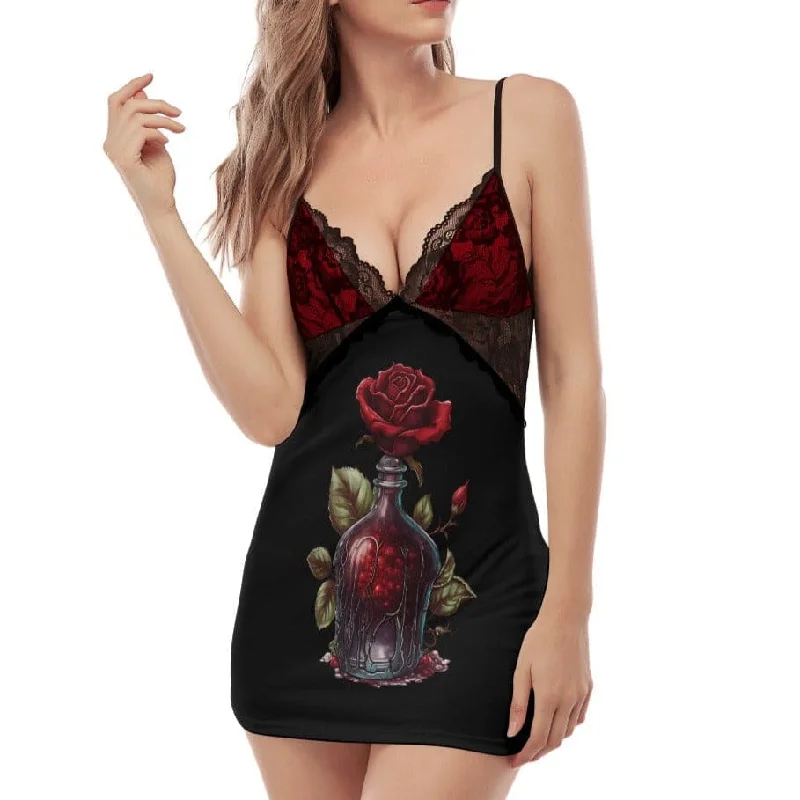 Women's Transitional Garments Women's Gothic Red Rose Back Straps Cami Dress With Lace