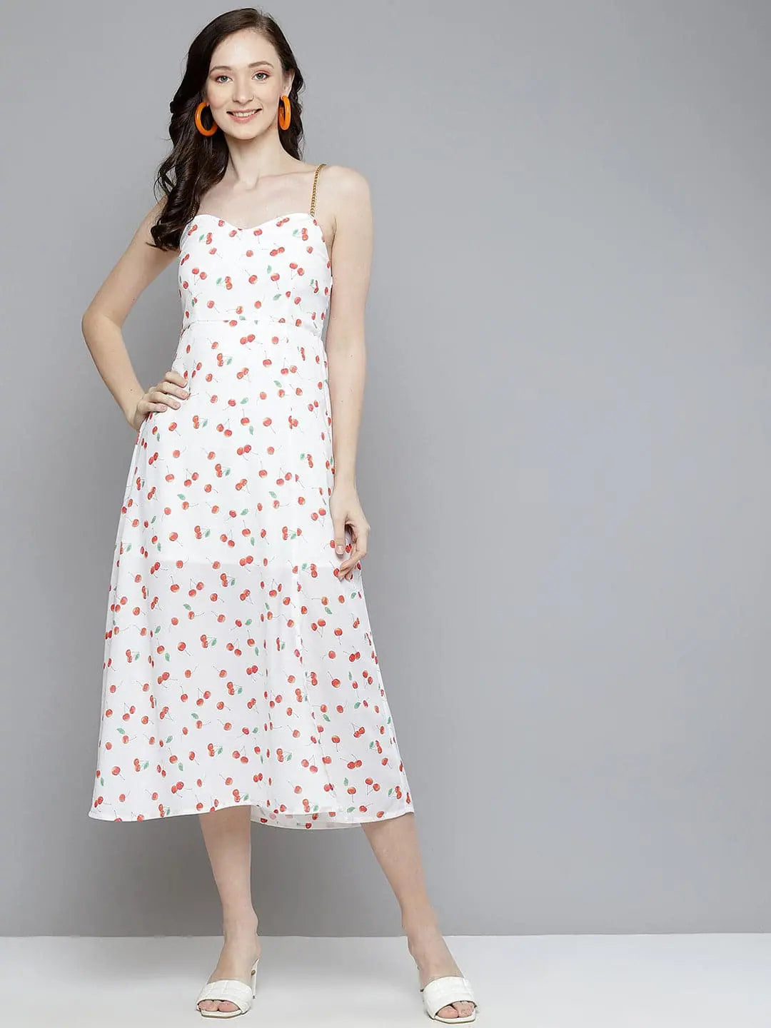 Women's Casual Wear Clothing Women White Cherry Print Strappy Side Slit Dress