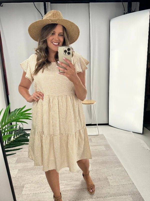 Women's Workout Garments Miracle Lace Trim Gingham Ruffle Dress Latte