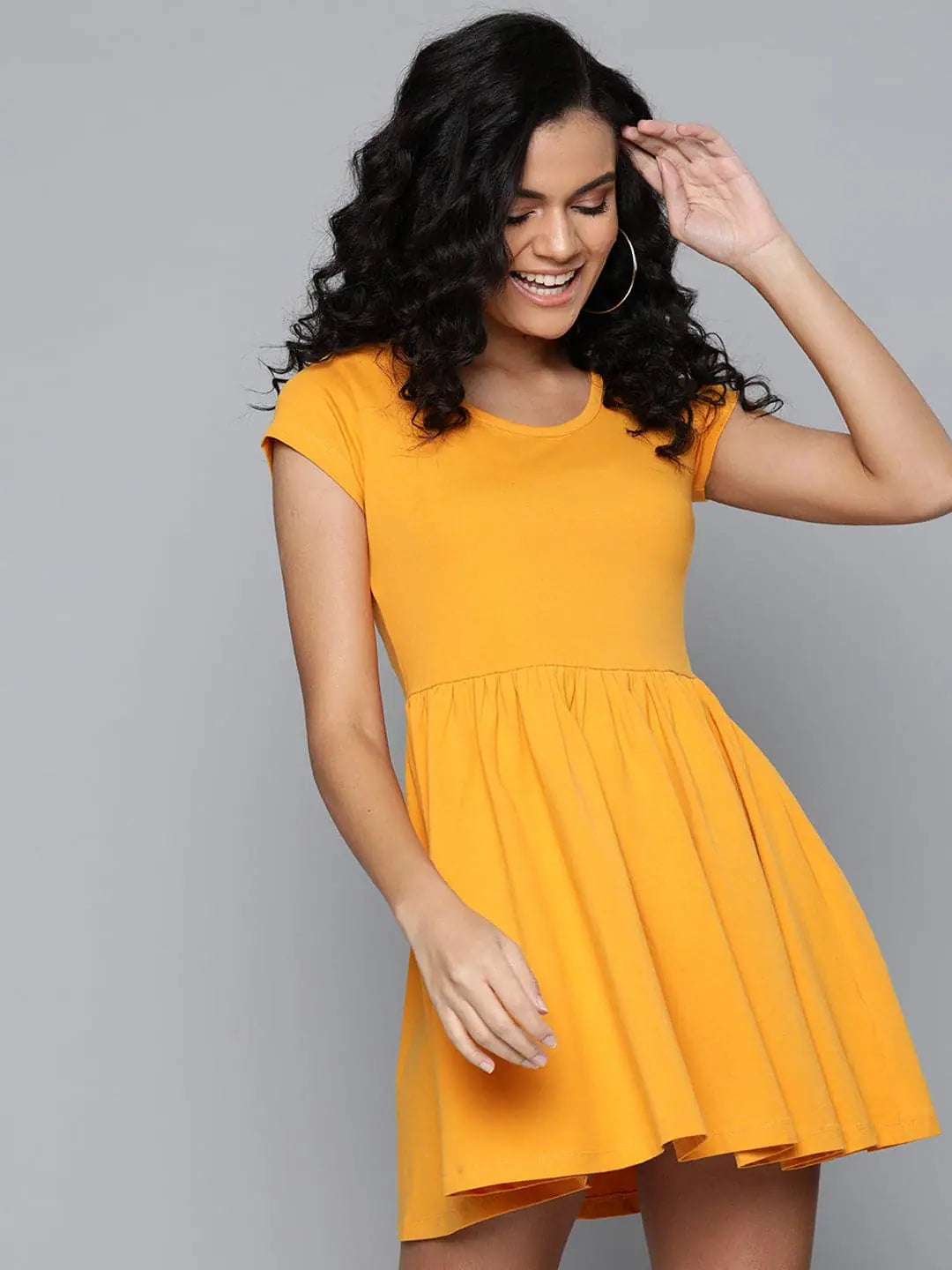 Minimalist Women's Fashion Clothing Mustard Round Neck Skater Dress