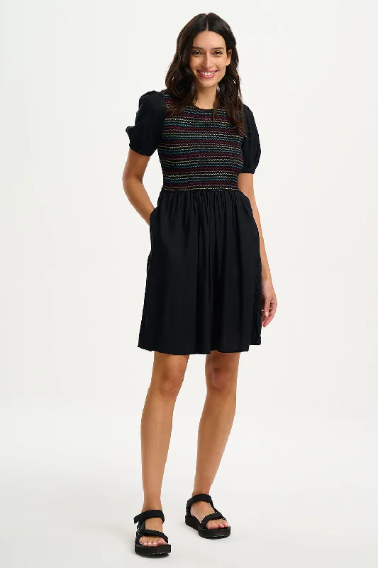Women's Stylish Professional Garments Sugarhill Antoinette Shirred Dress Rainbow Shirring Black