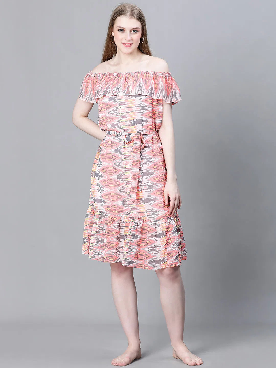 Online Clothing Boutiques Women Multicolor Printed Elasticated Off-Shoulder Dress-W23087WBW001