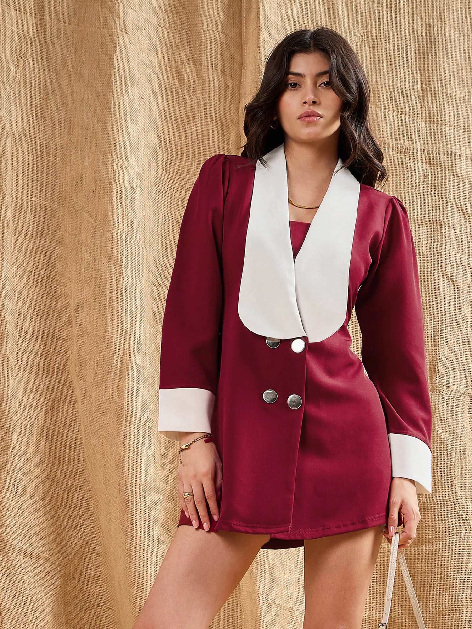 Sale Clothes Online Women Maroon Contrast Collar Blazer Dress-SFDRSS12383