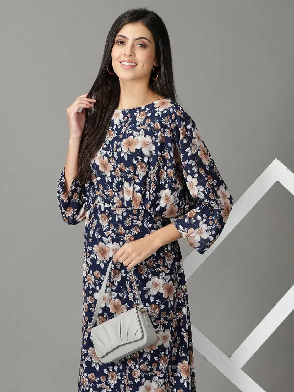 Women's Casual and Dressy Outfits Women's Navy Blue Printed A-Line Dress-AE-15875-Navyblue
