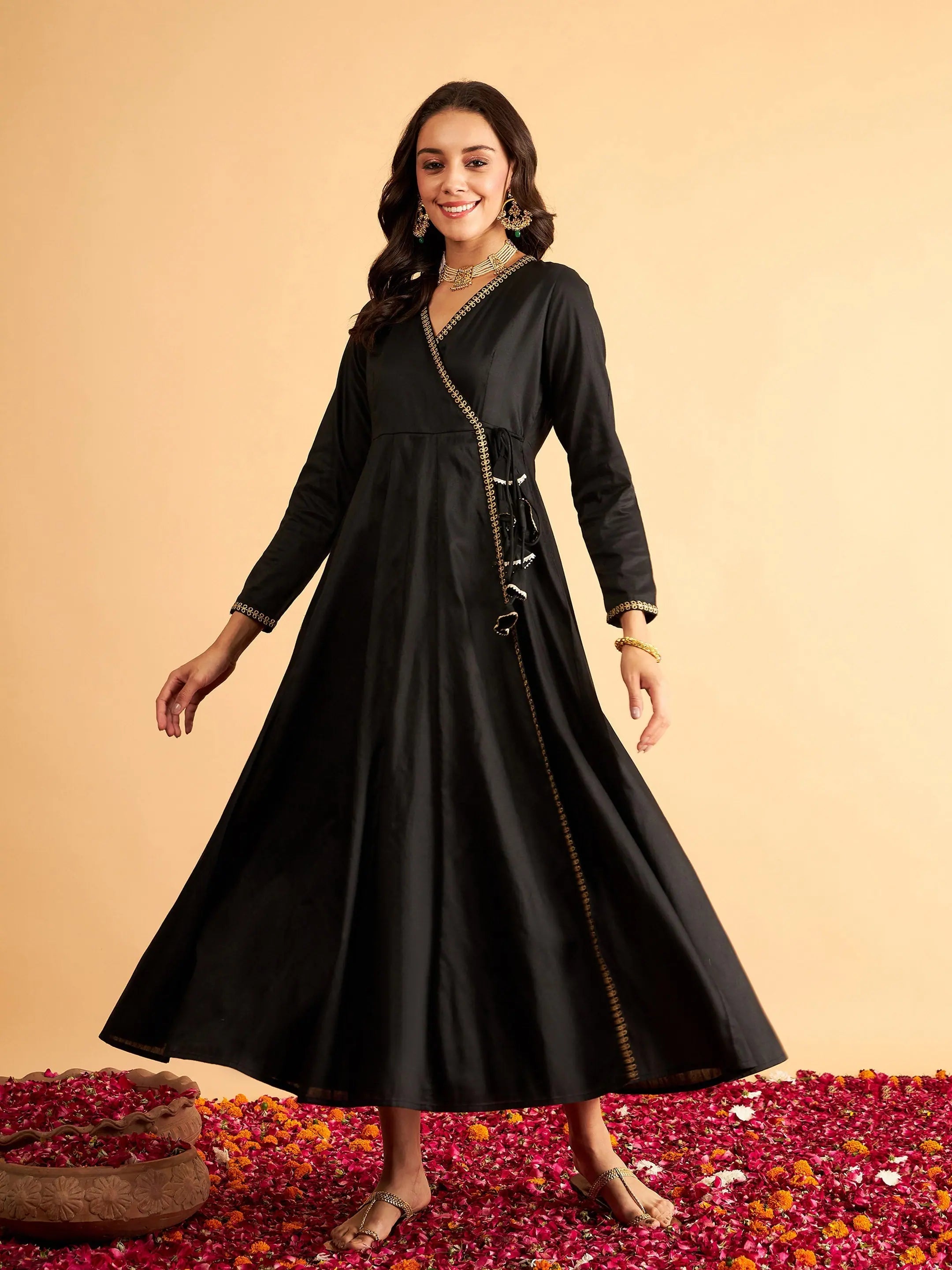 Fashion-forward Women's Wear Women Black Angrakha Anarkali Dress With Slip