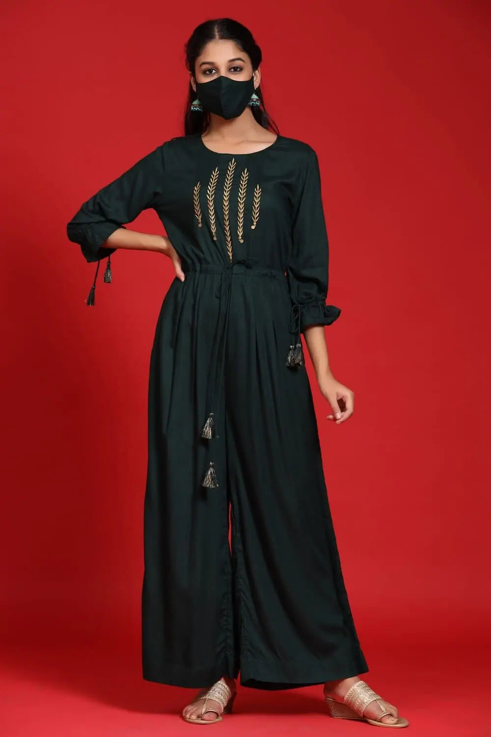 Contemporary Women's Clothing Juniper Jade Green Shantoon Gold Foil Print Layered Kurta Dress
