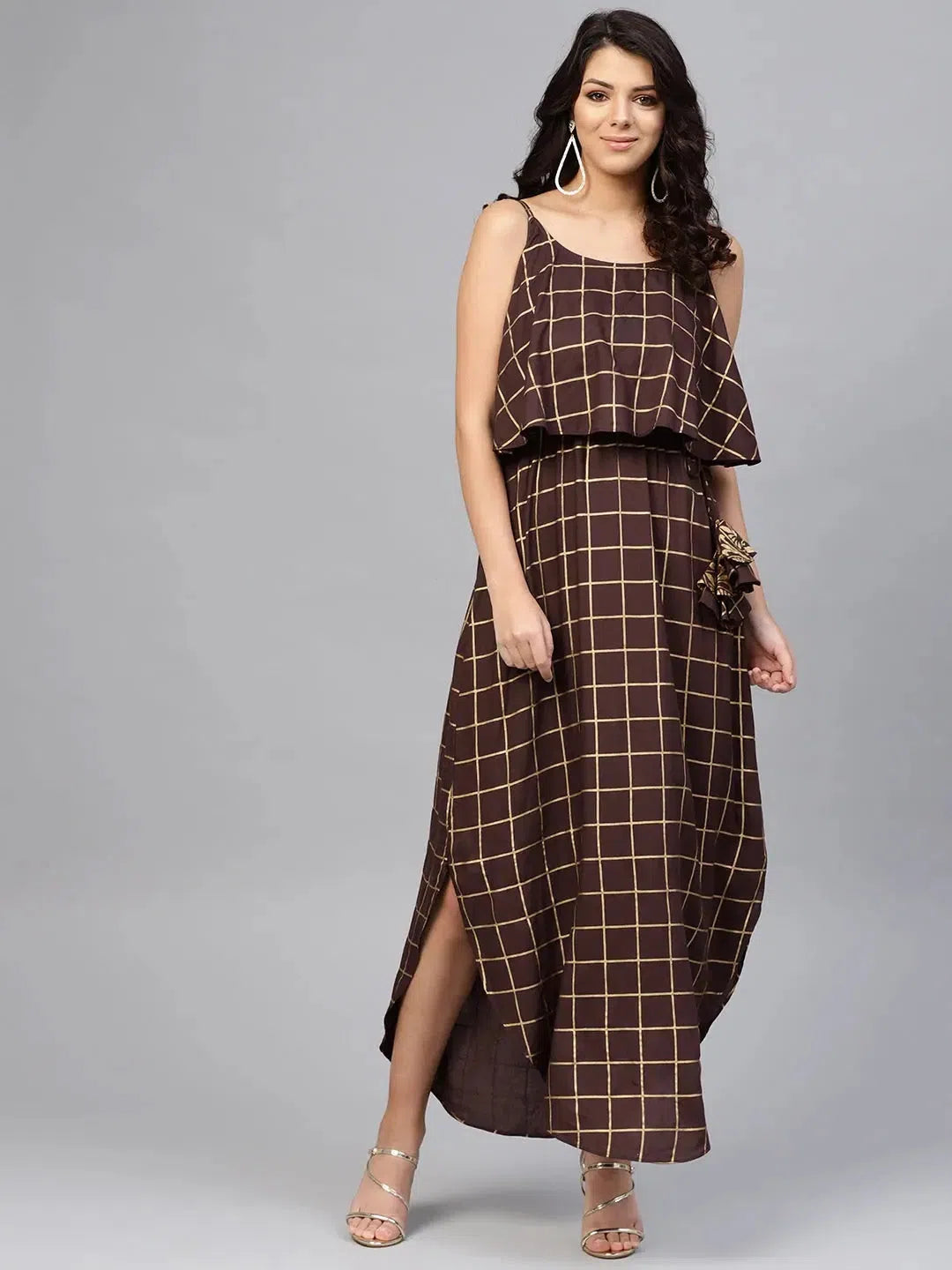 Casual Fashion for Women Printed Flare yoke with U hem long dress in Brown