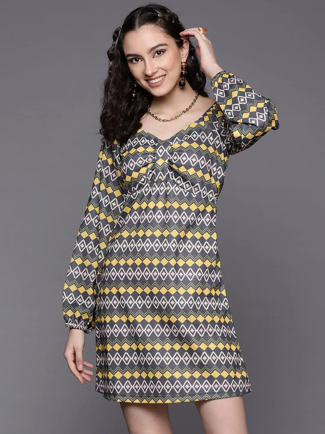 Athleisure Wear Women Yellow Geometric Front Bow Dress