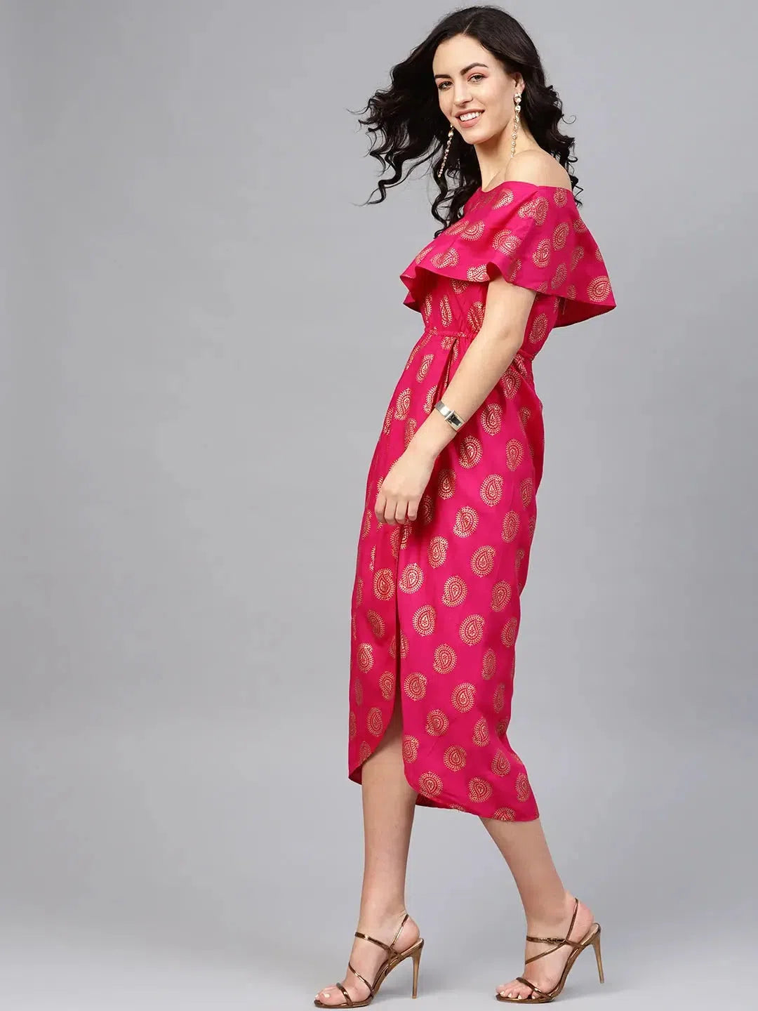 Casual Style for Busy Women One Shoulder yoke overlap printed dress in Pink