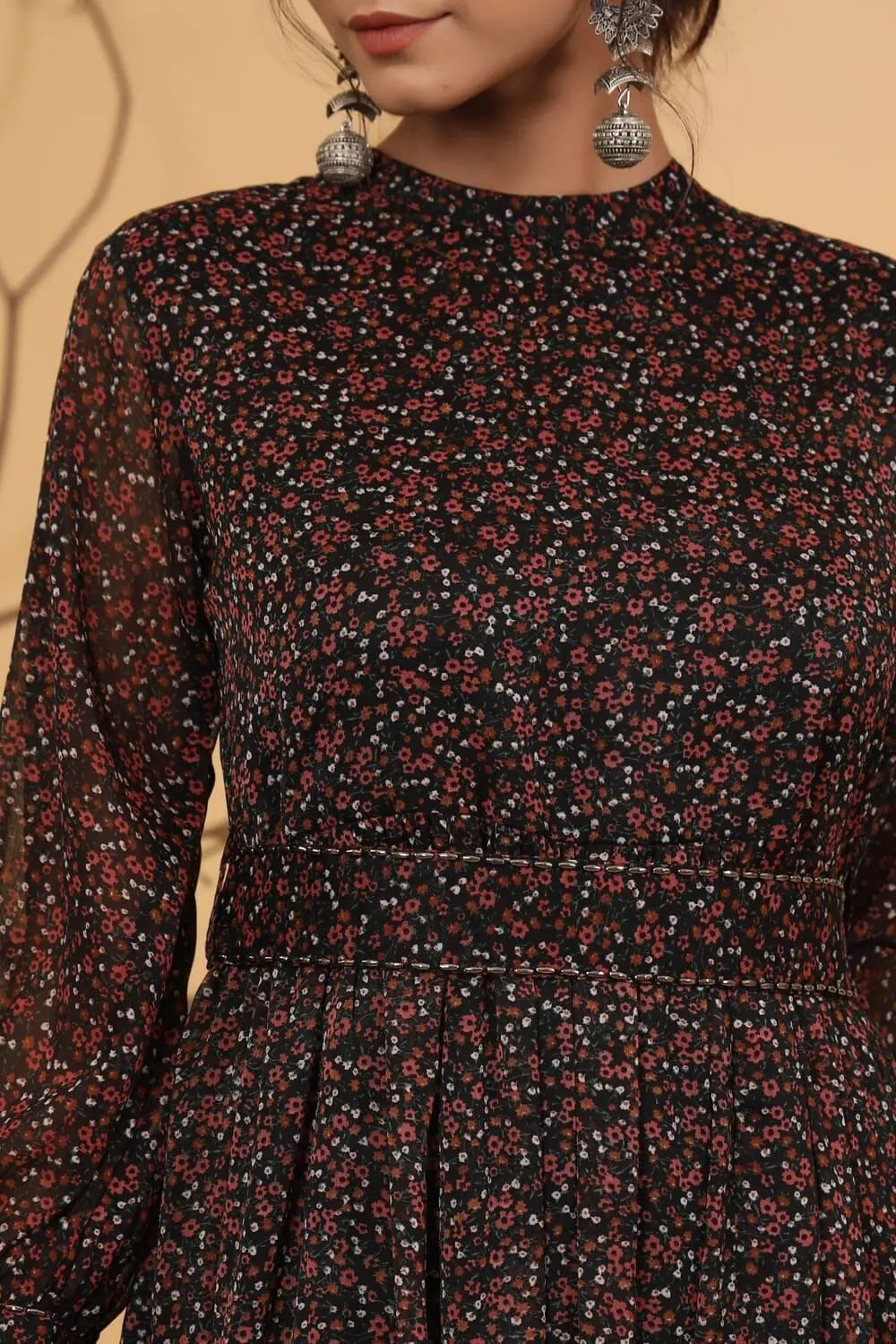 Women's Evening Wear Juniper Black Alphin Chiffon Flared Printed Dress With Tie-up Blet
