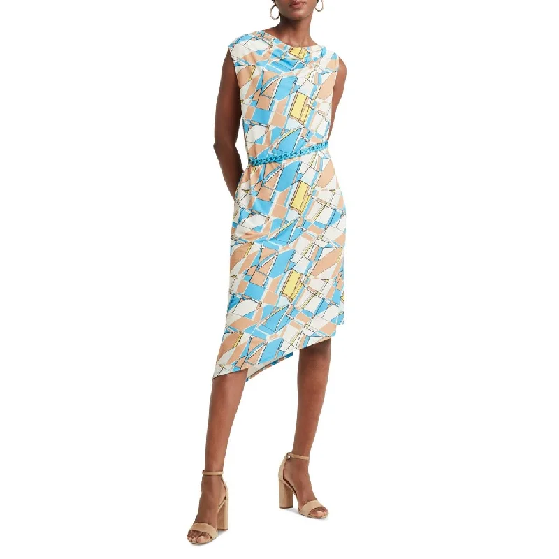 Luxe Women's Fashion H Halston Womens Asymmetric Printed Sheath Dress