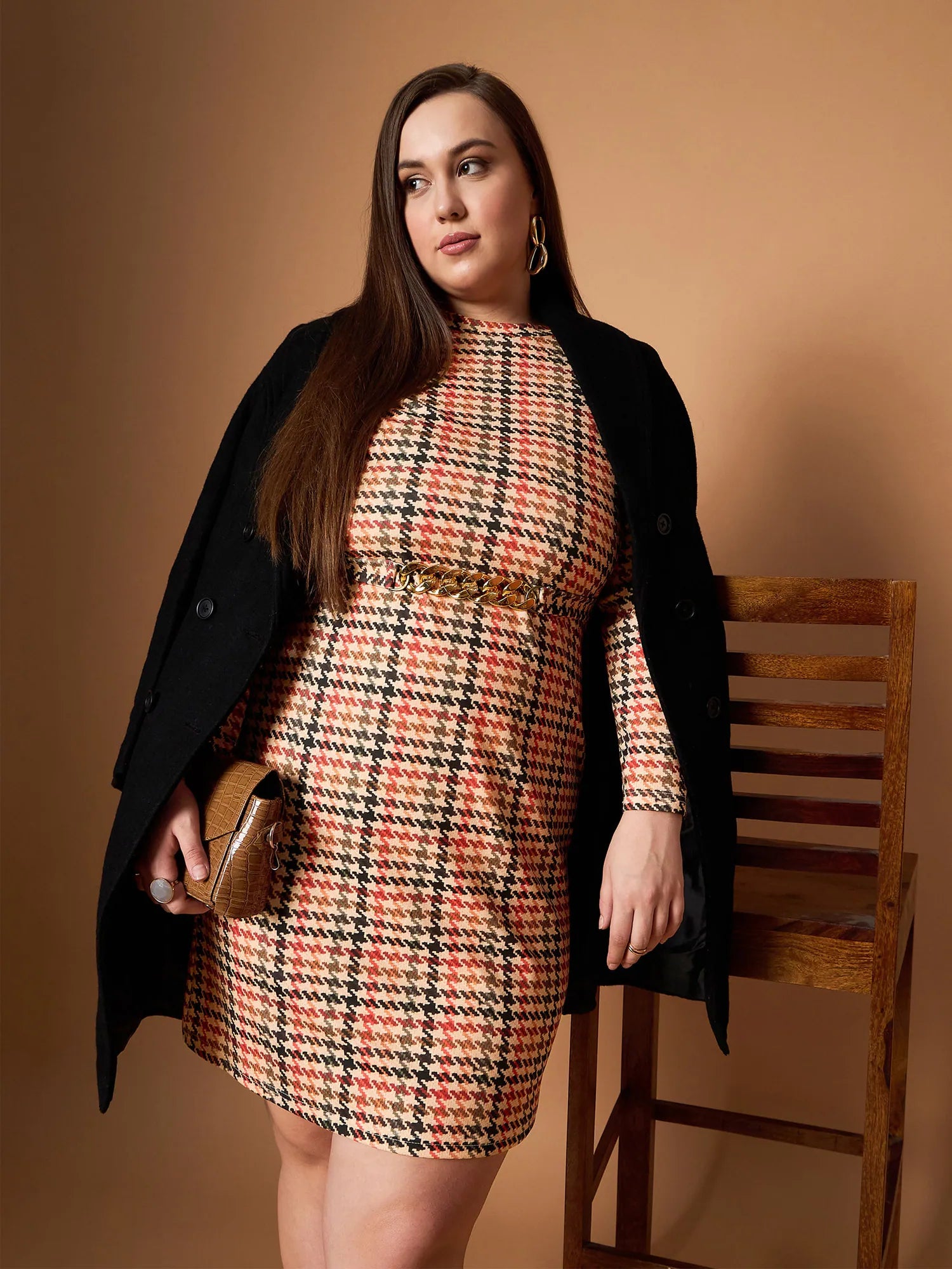 Women's Casual Clothing For Lounging Women Peach Multi Houndstooth Belted Dress-SFDRSS12458