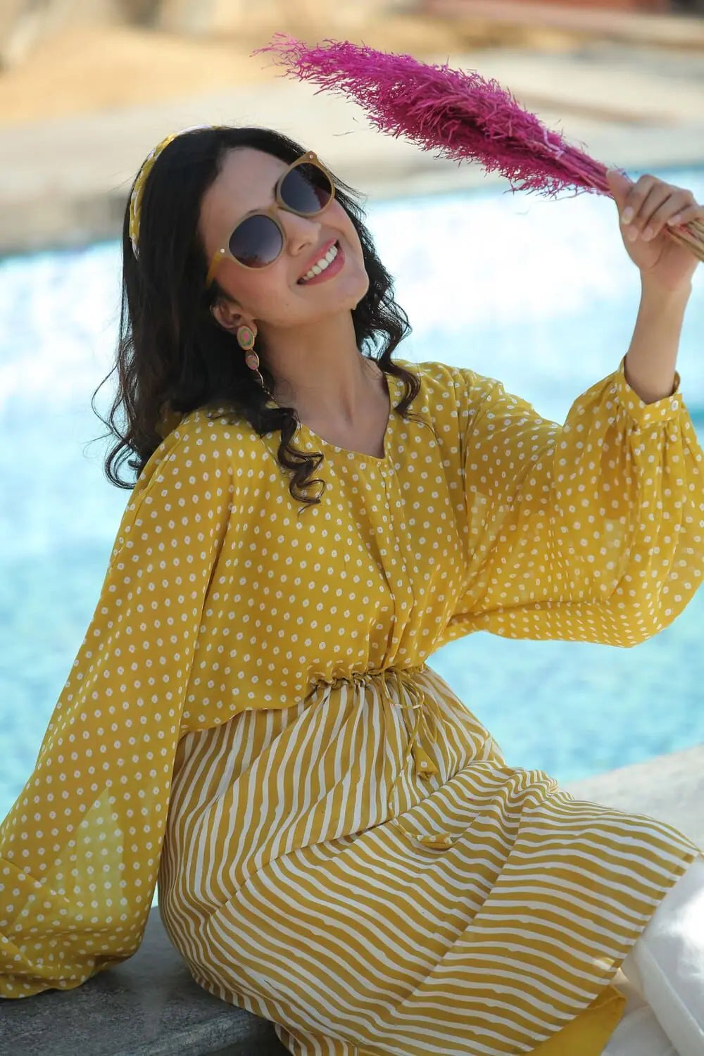Women's Vacation Outfit Juniper Mustard Chiffon Printed Tiered Dress