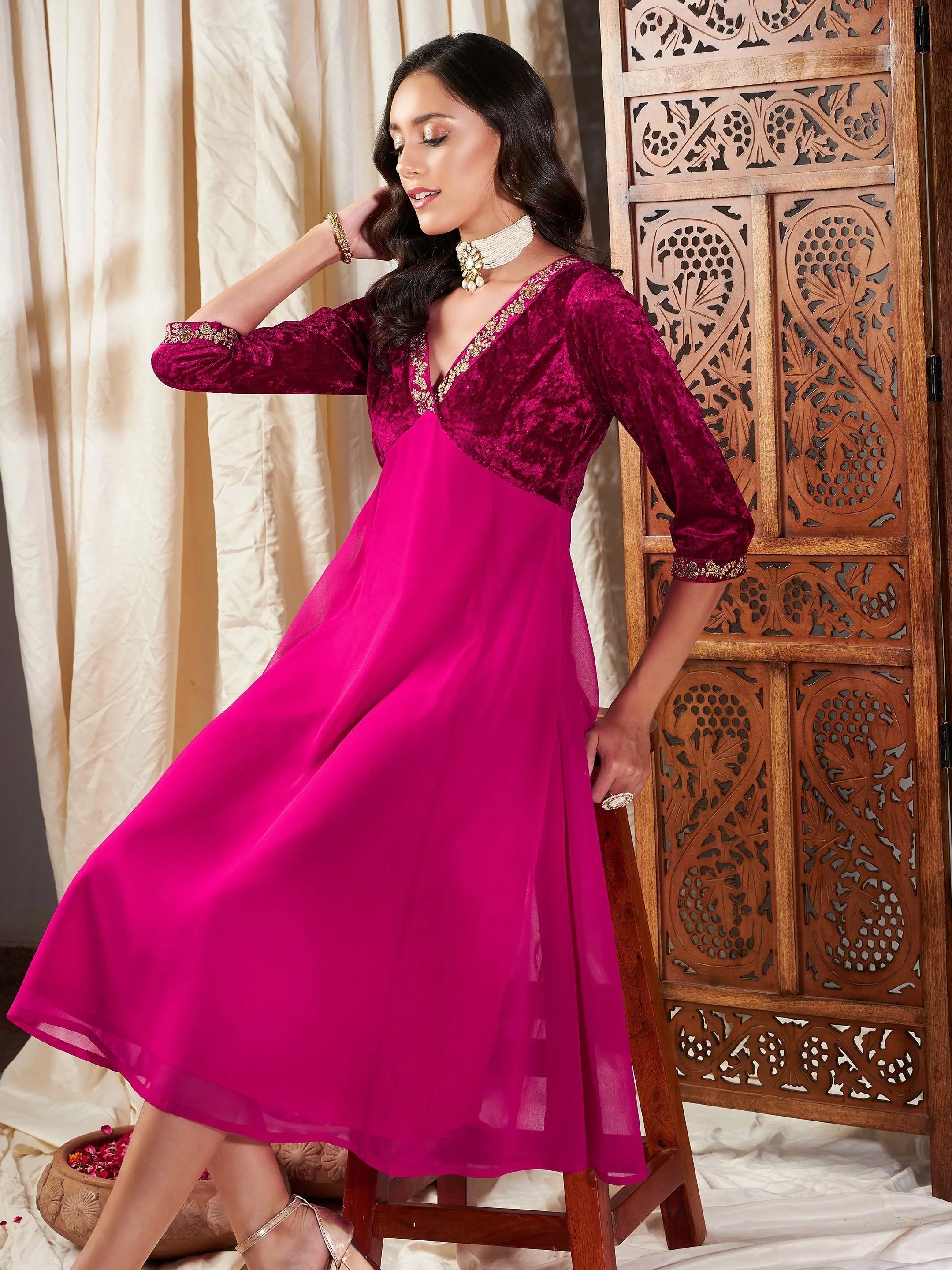Stylish Outerwear Clothing For Women Women Fuchsia Embroidered V-Neck Dress