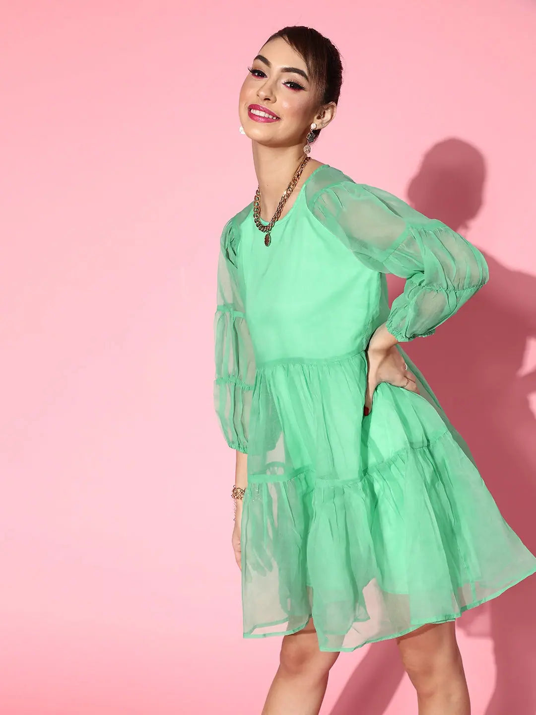 Sporty Streetwear Women Green Organza Drop Shoulder Tiered Dress