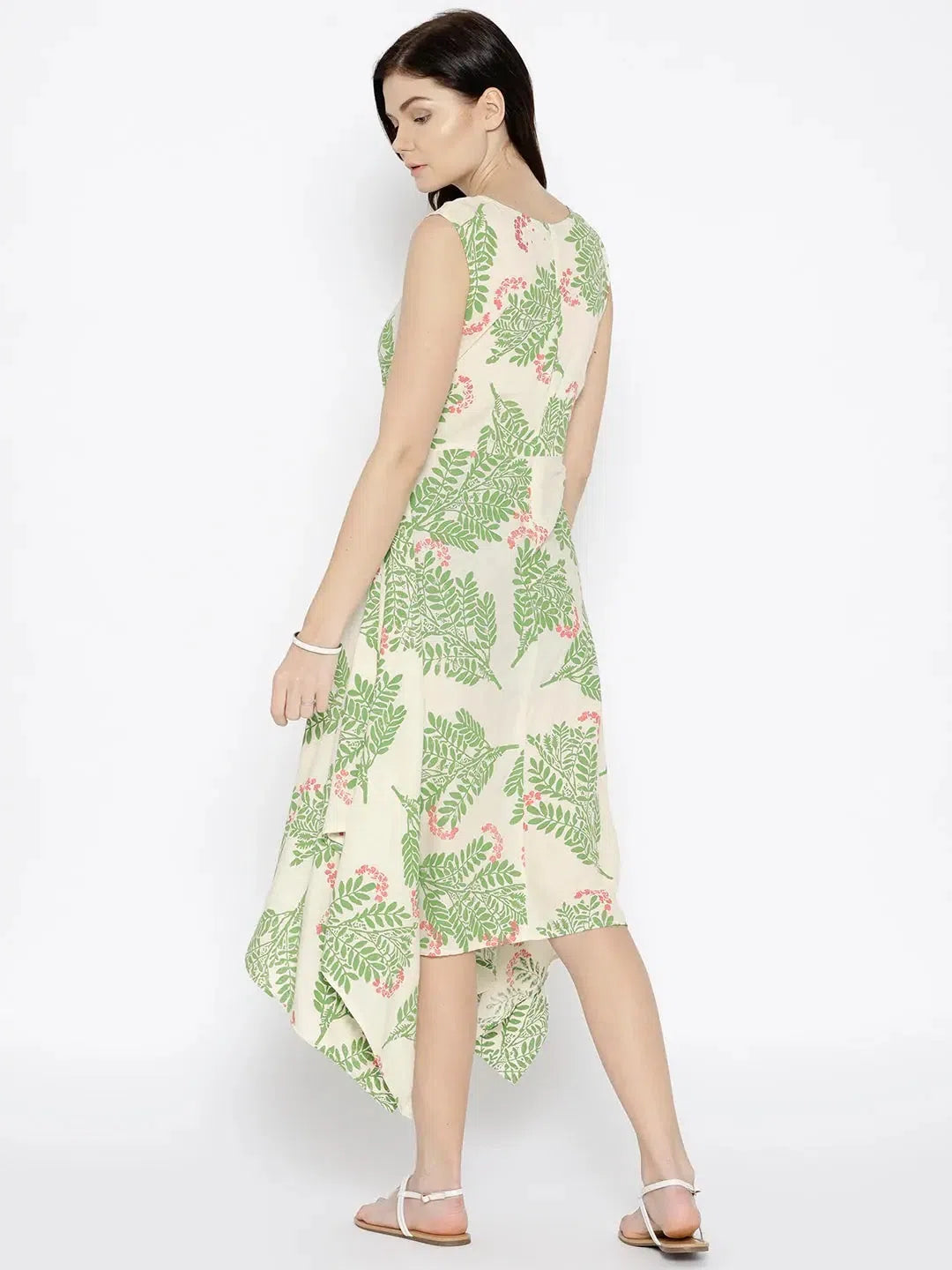 Edgy Fashion Hankerchief hem printed dress with Peach Print