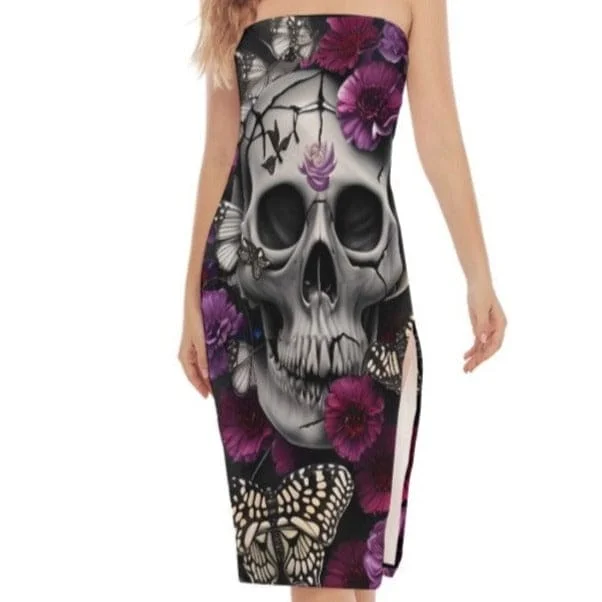 Fashion-Forward Women's Clothing Purple Blossoms & Butterflies Elegant Women's Skull Tube Dress with Stylish Side Split