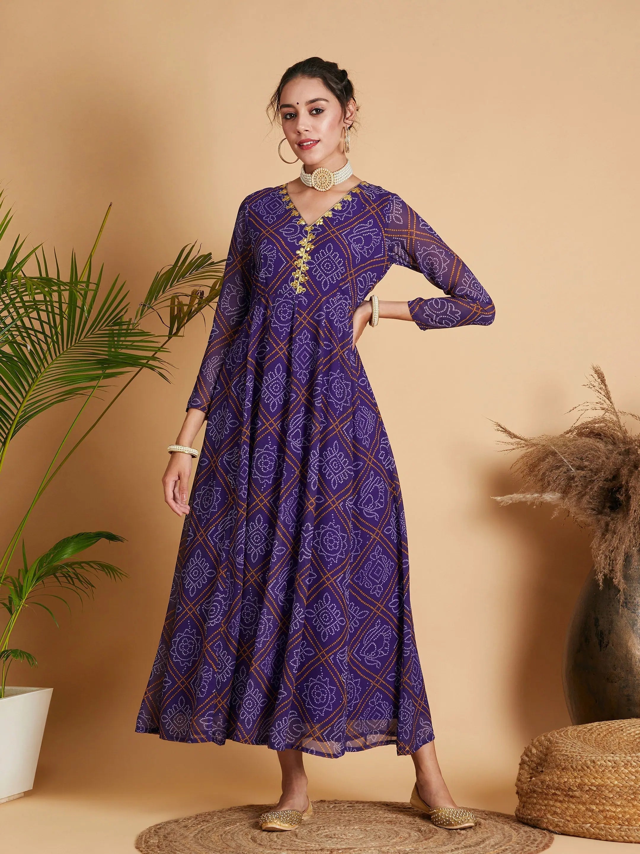 Timeless Women's Clothes Women Purple & White Bandhej Anarkali Dress