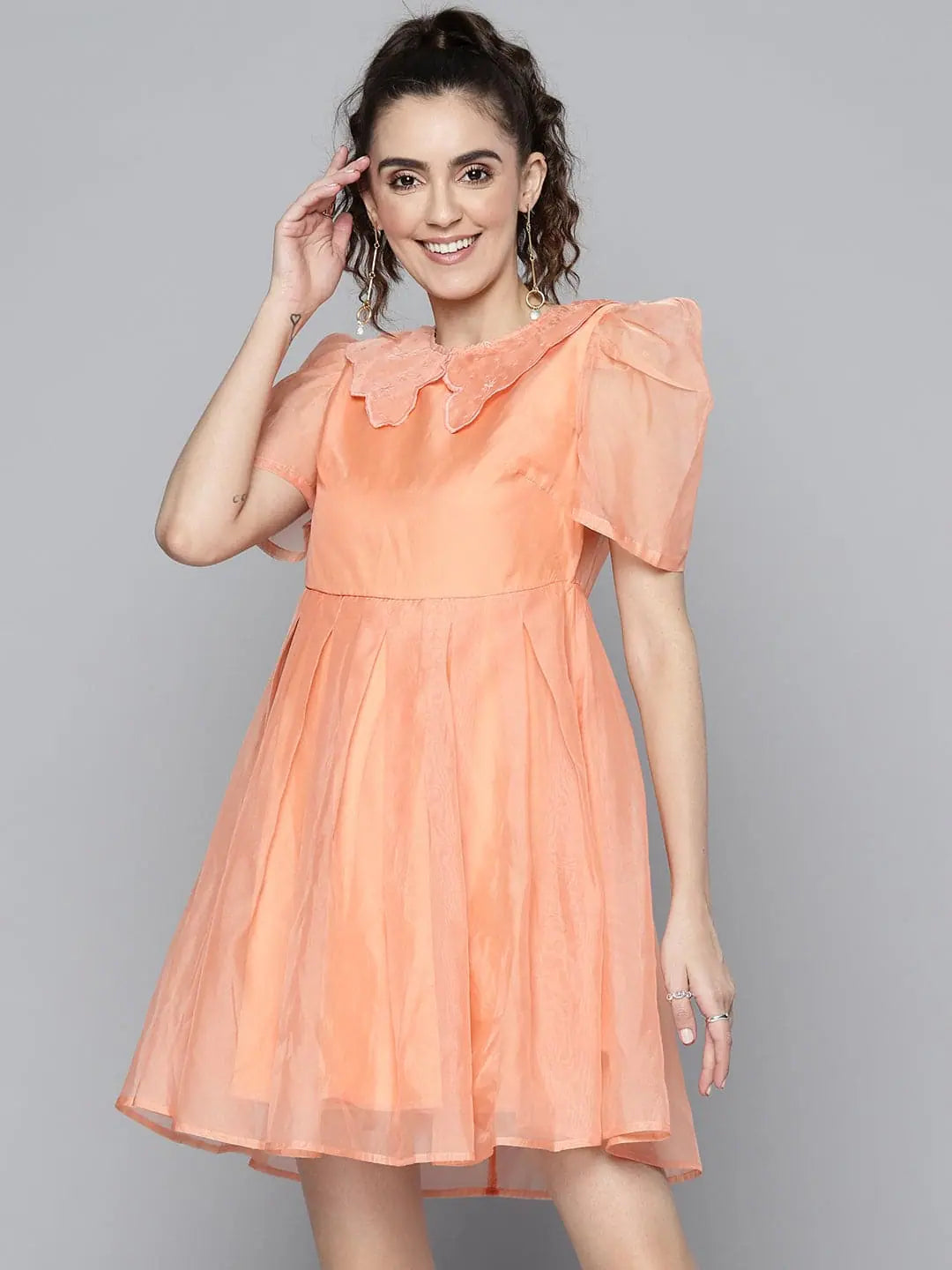 Women's Plus-Size Casual Outfit Women Peach Embroidered Collar Pleated Organza Dress