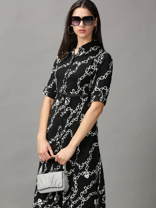 Fashion Women's Clothing Women's Black Printed Fit and Flare Dress-AE-444131-Black