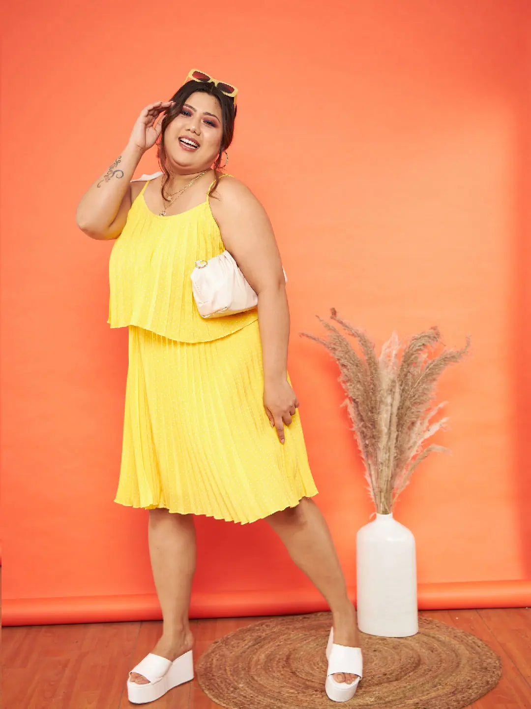 Classic Women's Clothing Styles Women Yellow Polka Dot Accordion Pleated Layered Dress