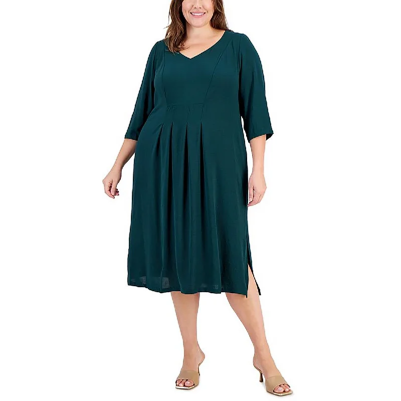 Women's Seasonal Wardrobe Clothing Connected Apparel Womens Plus V-Neck Pleated Sheath Dress