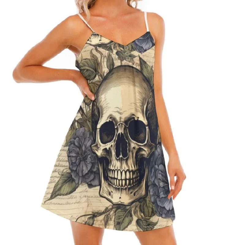 Chic And Comfortable Women's Vintage Skull Spaghetti Strap V-neck Cami Dress