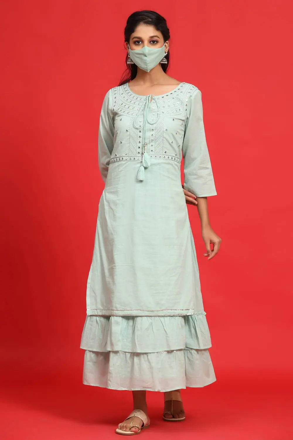 Affordable Fashion for Women Juniper Sagegreen Cotton Mirror Work Layered Kurta Dress With Mask