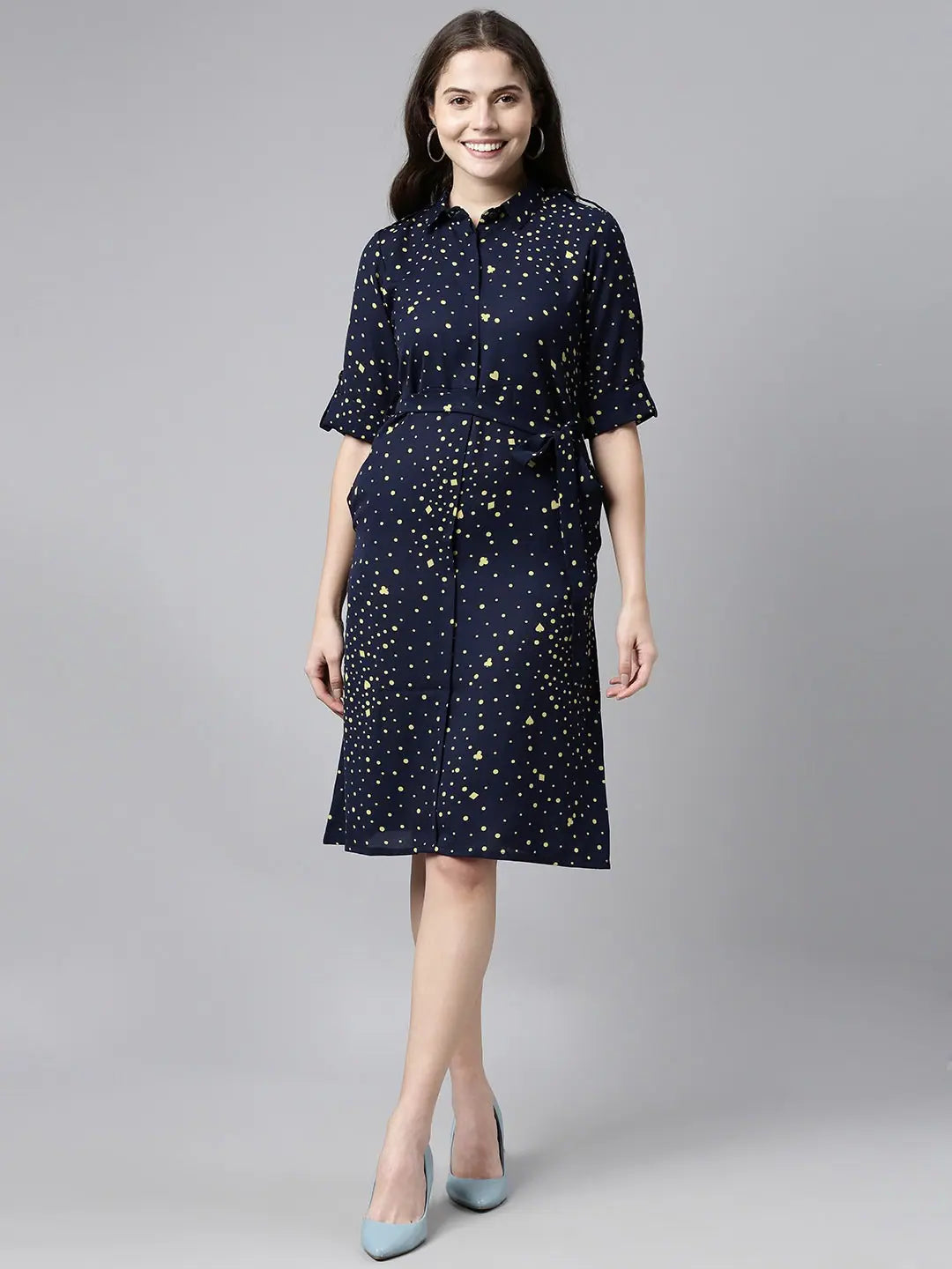 Discount Price Ahika Navy Blue Poly Georgette Geometric Printed Sheath Dress With Belt