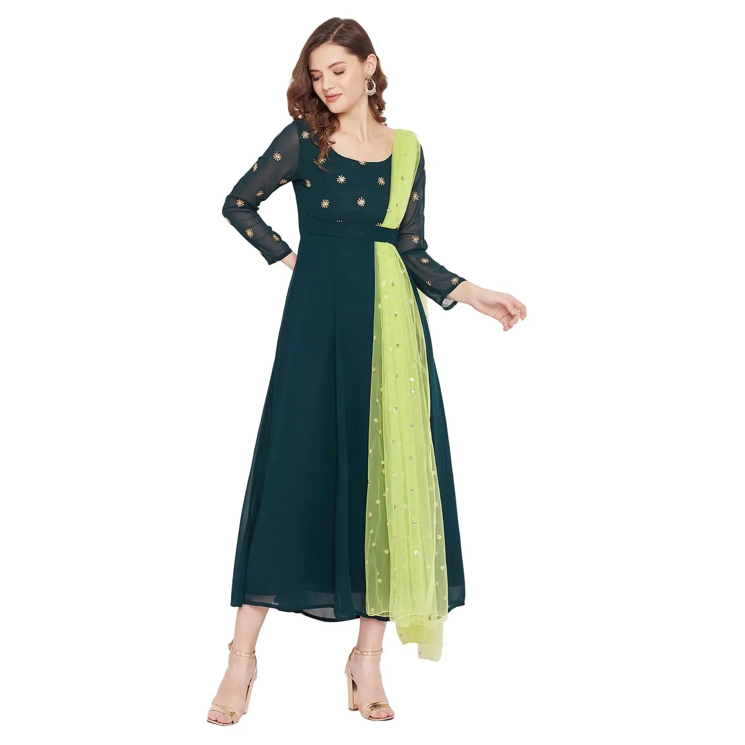 Trendy Outfits For Ladies Adults-Women Dark Green Sun Emb. Dress With Attached Dupatta