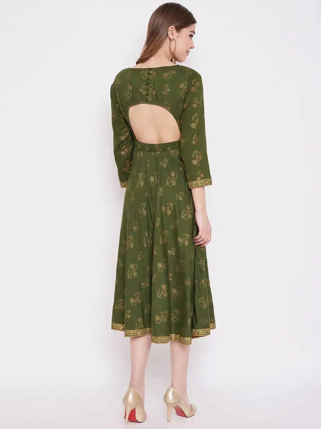 Casual Clothing for Women Deep back with front mock overlap Dress in Green