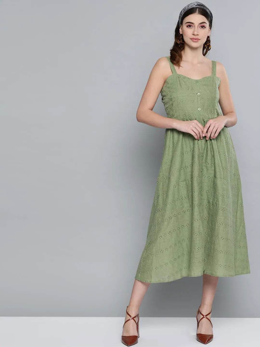 Trendy Women's Wear Olive Schiffli Front Button Strappy Dress